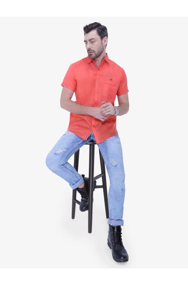 Men Peach Linen Blend Short Sleeve Shirt