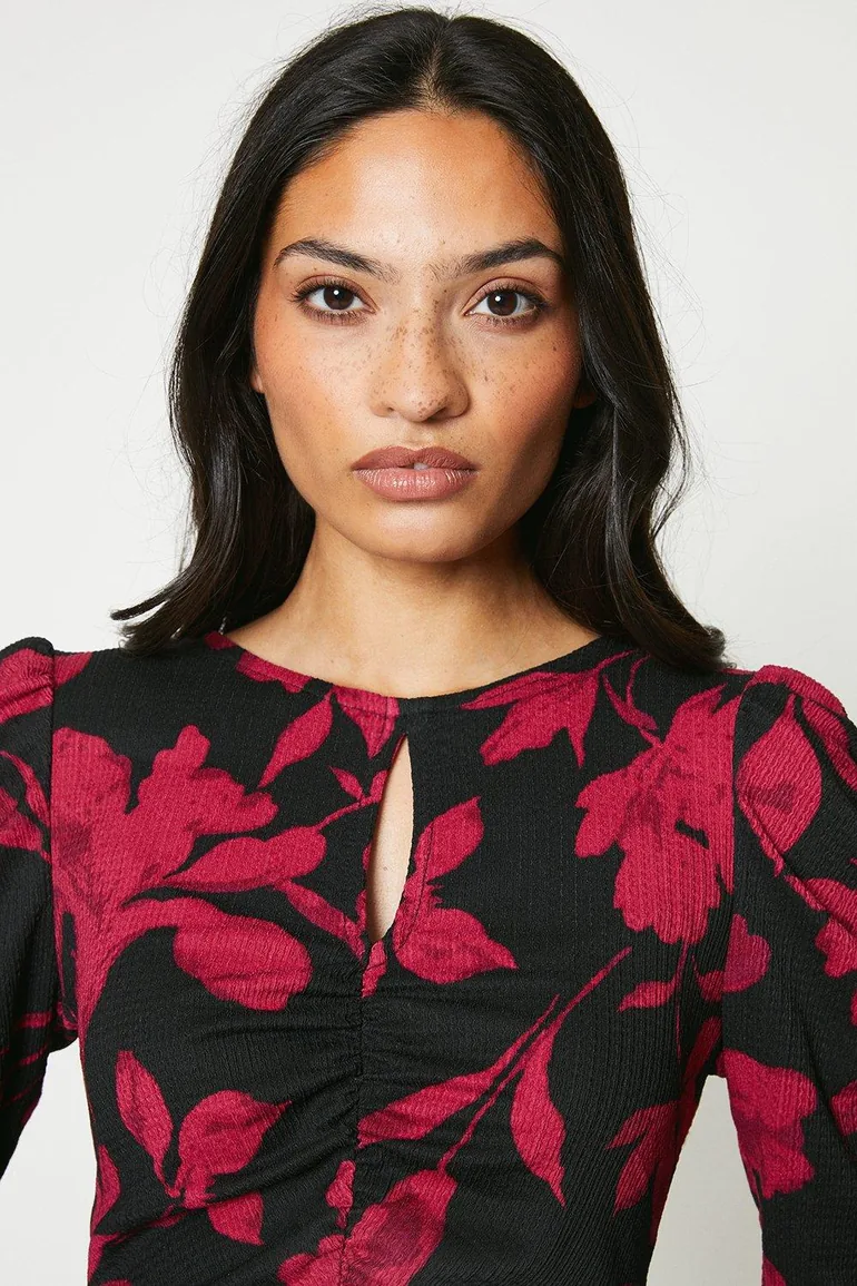 Red Floral Keyhole Midi Dress - 3