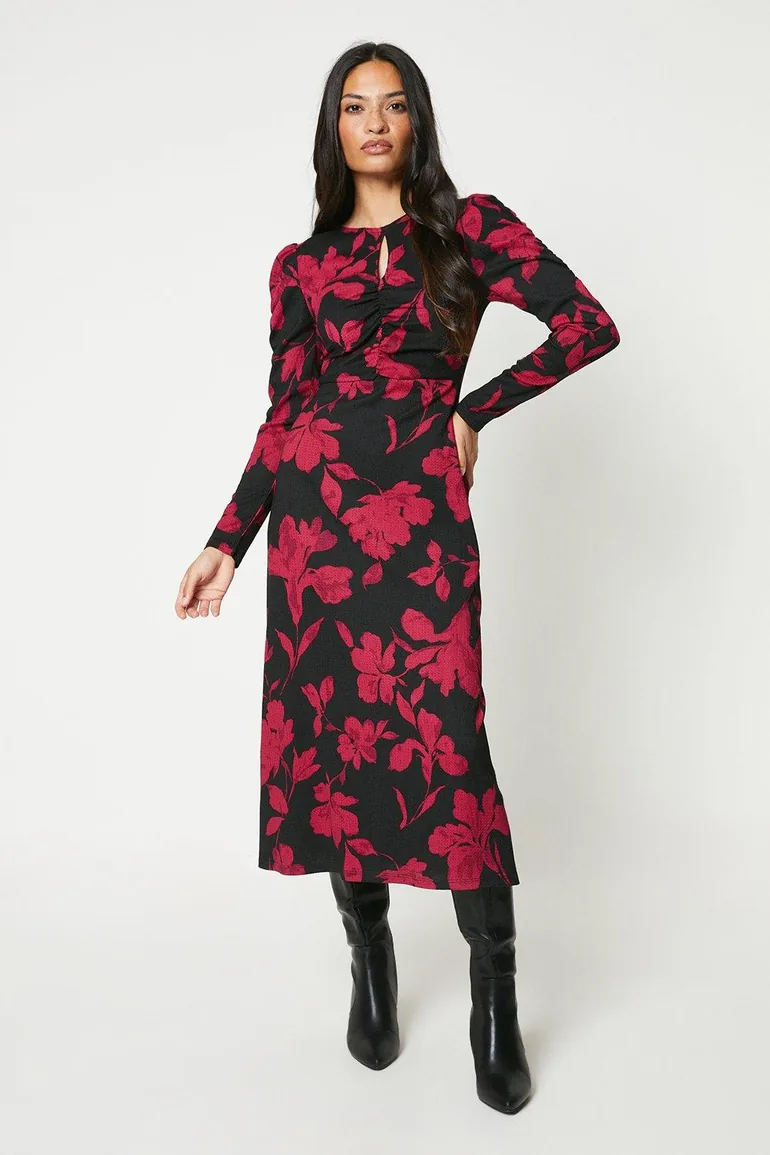 Red Floral Keyhole Midi Dress
