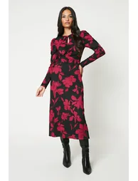 Red Floral Keyhole Midi Dress