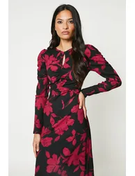 Red Floral Keyhole Midi Dress - 1