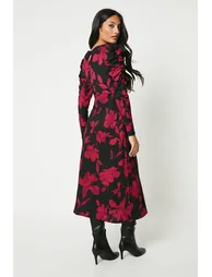 Red Floral Keyhole Midi Dress - 2