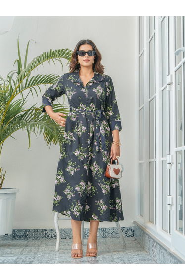 Floral Printed A-Line Shirt Collar Midi Dress