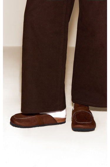 Chocolate Faux Suede Faux Fur Lined Mule