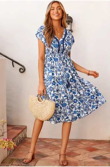 Lvness Sky Blue Abstract Print Embroidered Trim V Neck Drawstring High Waist Loose Vacation Dress