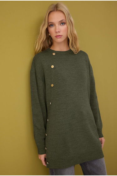 Khaki button detailed knit sweater