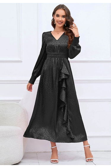 Glossy Leopard Jacquard Ruffle Maxi Dress in Black
