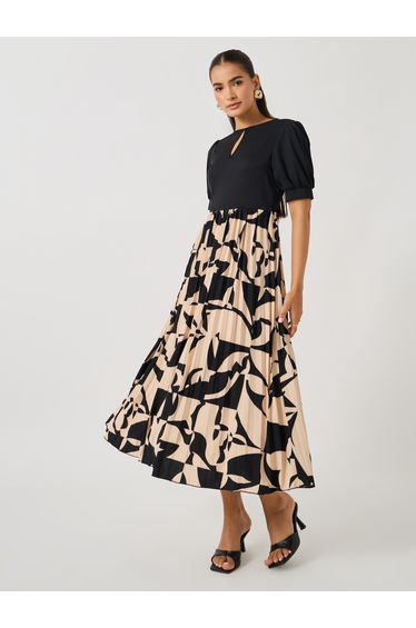 Women All-Over Print Pleated Twofer A-Line Dress
