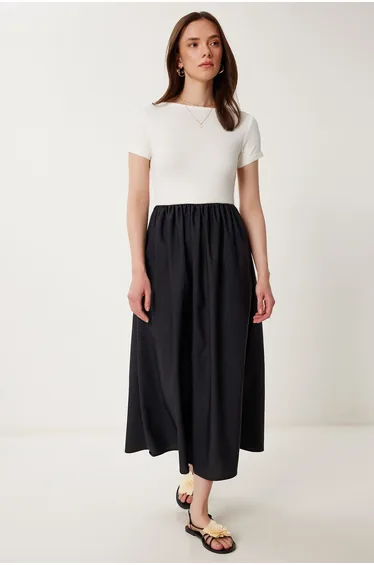 Women's Ecru Black Knitted Top Poplin Skirt Summer Dress