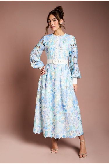 Printed Lace Blouson Sleeve Belted Midi Dress