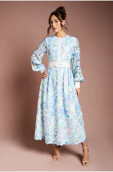 Printed Lace Blouson Sleeve Belted Midi Dress