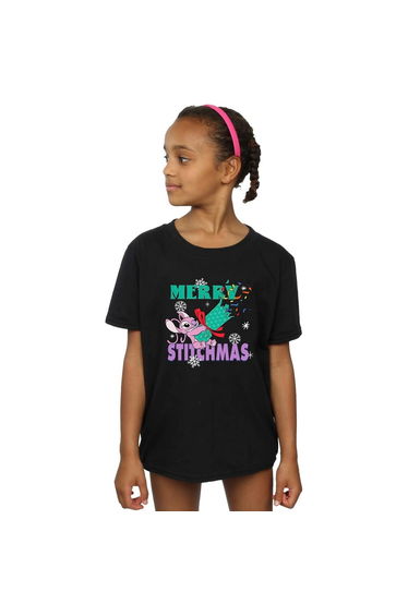Lilo & Stitch Girls Merry Stitchmas Cotton T-Shirt - Black