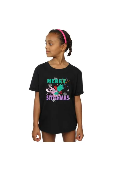 Lilo & Stitch Girls Merry Stitchmas Cotton T-Shirt - Black