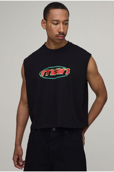 Oversized Boxy Man Print Tank - black