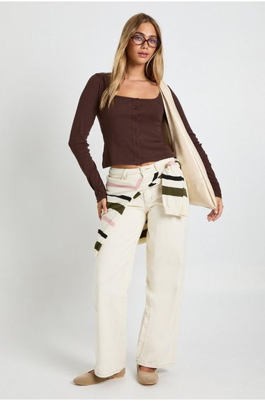 Ribbed Button Through Square Neck Long Sleeve Top - chocolate