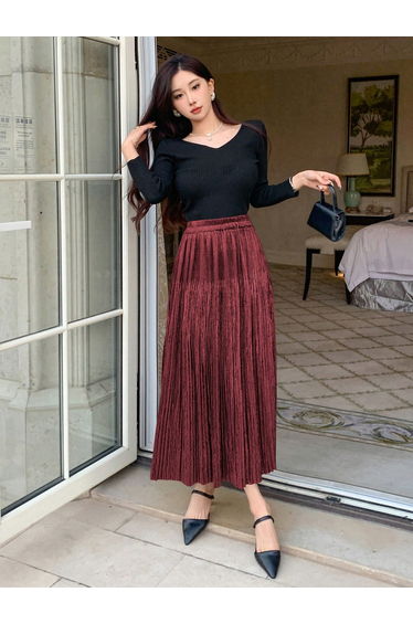 Solid Elastic Waist Pleated Detail A-Line Maxi Skirt