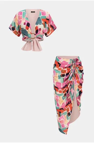 Abstract Print V-Neck Tie-Up Short Sleeves Top And Asymmetrical Drawstring Ruched Skirt Set