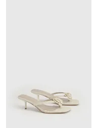 Crochet Flower Detail Low Stiletto Toe Post Heeled Mules - natural - 1