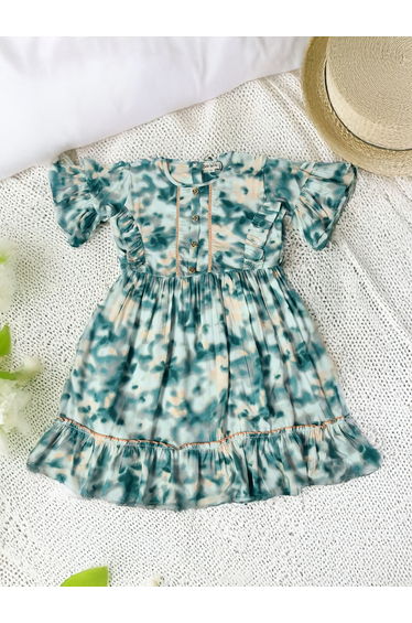 Floral Print Short SleeveÂ Cotton Dress with Ruffle Trim