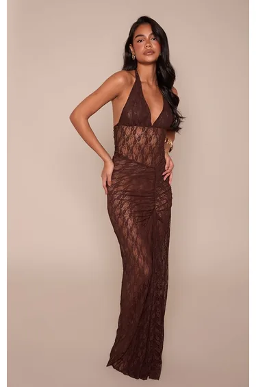 Chocolate Sheer Lace Plunge Ruched Maxi Dress