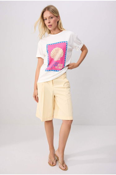 White 100% Cotton Sea Shell Printed Crew Neck Oversize Knitted T-Shirt
