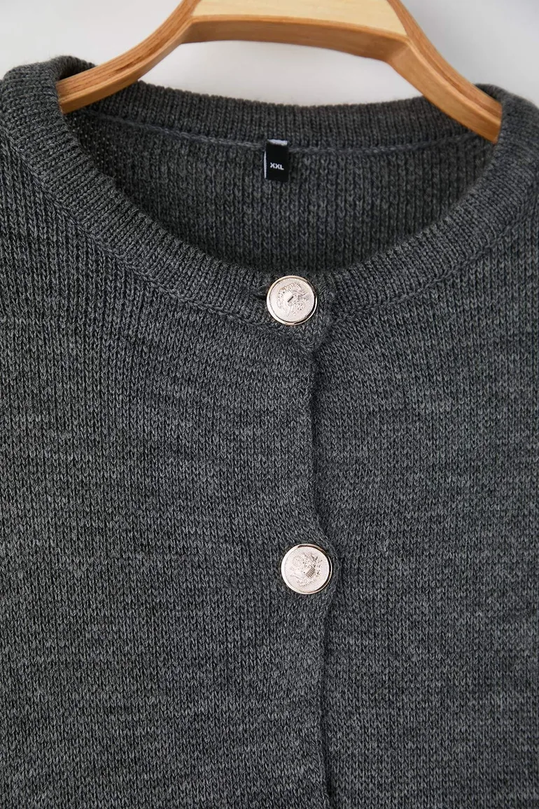 Anthracite buttoned crew neck knit cardigan - 3