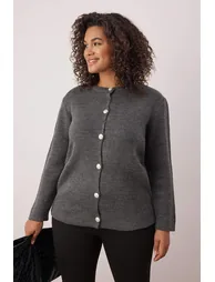 Anthracite buttoned crew neck knit cardigan