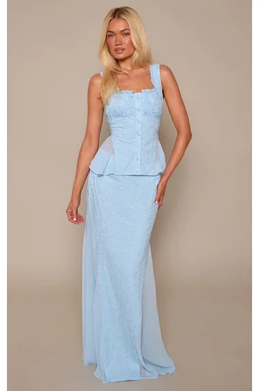 Blue Embroidery Chiffon Godet Maxi Skirt Co-ord