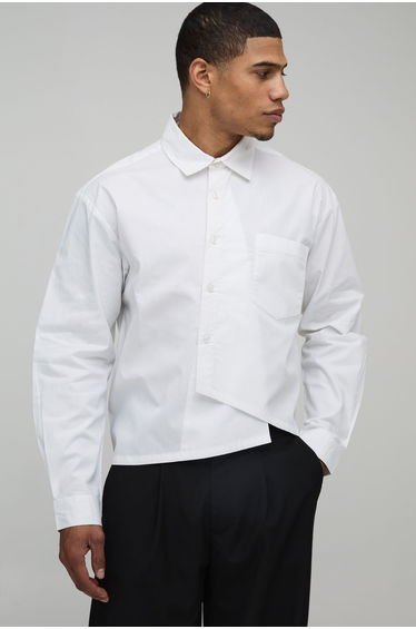 Oversized Boxy Asymmetric Placket Poplin Shirt - white