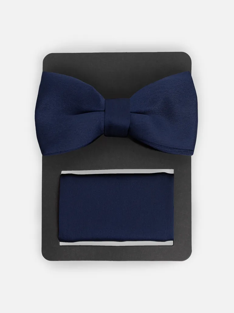 Maya Navy Satin Bow Tie & Pocket Square Set - 2