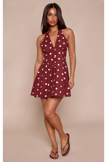 Petite Chocolate Polka Dot Button Up Halterneck Flowy Linen Look Mini Dress