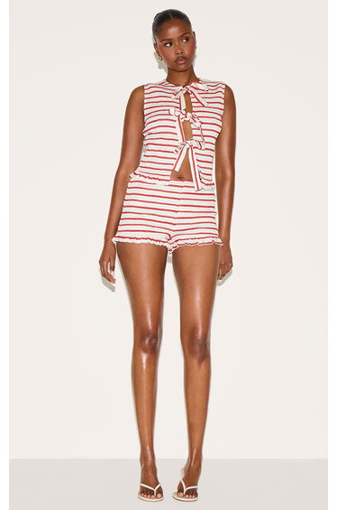 Tomato Red Stripe Tie Front Extreme Shirred Top product thumbnail 3