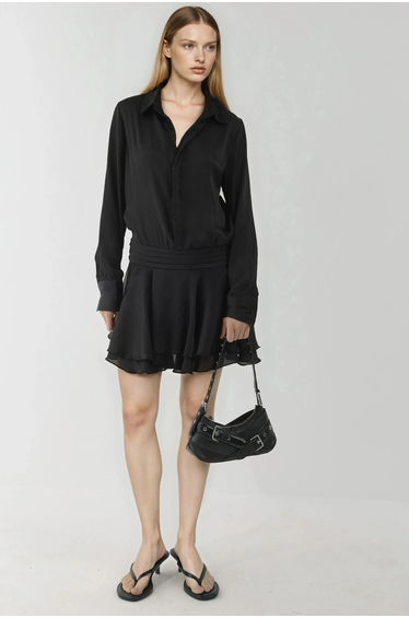 Ruffle Drape Long Sleeve Mini Dress with Shirt Collar