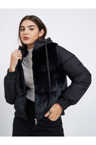 Women Black Regular Fit Regular Length Faux Fur Padded Jacket