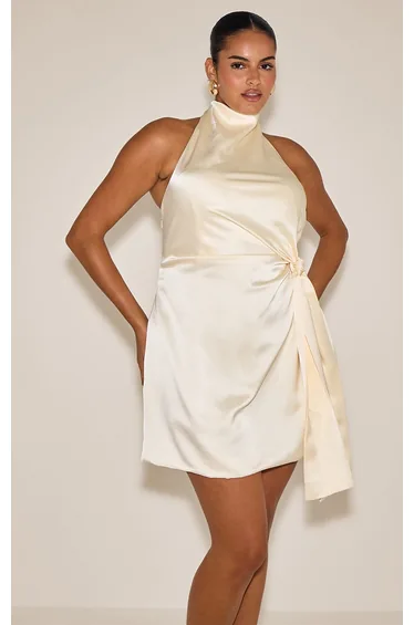 Plus Oyster Satin Tie Knot Drape Detail Bodycon Dress