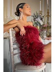 Out On The Town | Berry Feather Bandeau Mini Dress - 5