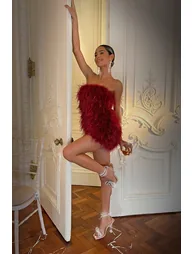 Out On The Town | Berry Feather Bandeau Mini Dress - 6