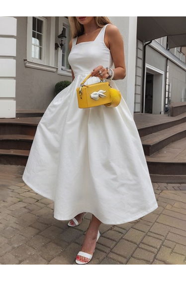 A-Line High Waisted Pleated Pockets Solid Color Spaghetti-Neck Midi Dresses