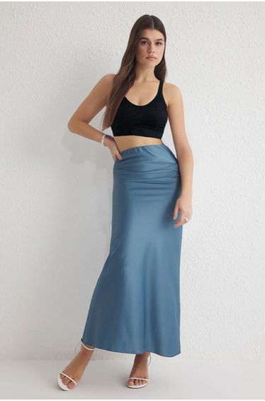 Indigo Satin Fish Shape Maxi Length Woven Skirt