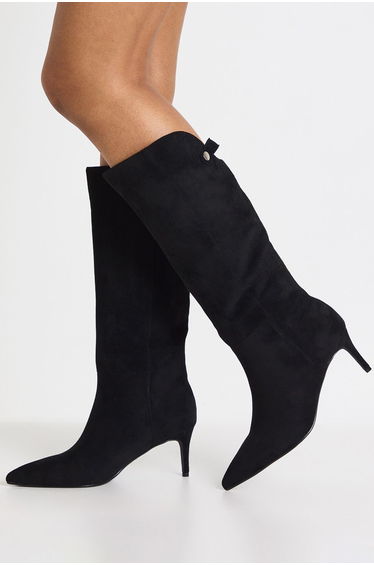 Wide Fit Curved Faux Suede Stiletto Boots - black