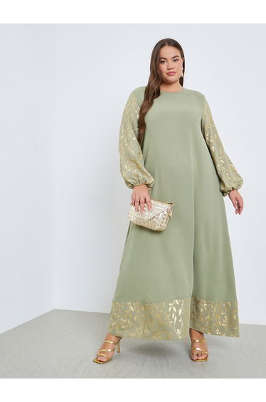 Plus Size Foil Print Balloon Sleeve Jalabiya