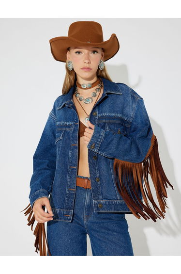 X Zeynep Bastık - Embroidered Denim Jacket Suede Look Tassel Pocket Detail Buttoned