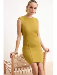 Oil Green Plain Sleeveless Mini Woven Dress - 1