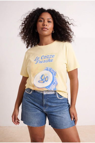 Yellow Printed Relaxed Fit Knitted Oversized T-Shirt