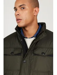 Khaki Standard Fit Regular Cut Mock Neck Coat - 5