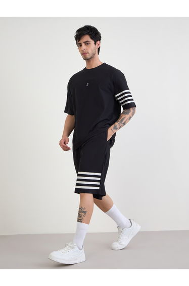 Oversized Stretch Pique Knit T-Shirt and Striped Shorts Set
