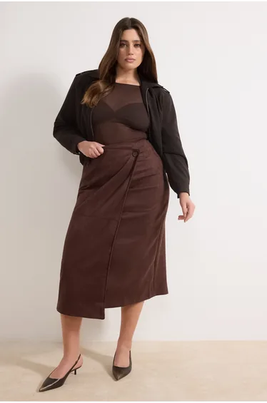Brown Suede Midi Plus Size Skirt