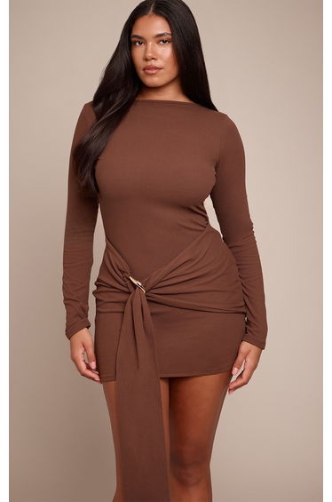 Shape Chocolate Long Sleeve Waist Trim Detail Mini Dress