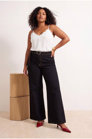Non-Fading Black High Waist Belted Spanish Leg Stretchy Flare Fit Plus Size Jeans