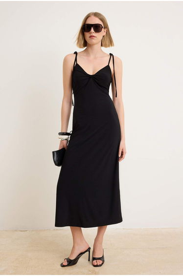 Black Plain A-Line Sweetheart Neck Sleeveless Tie Detail Maxi Stretchy Lined Knitted Dress